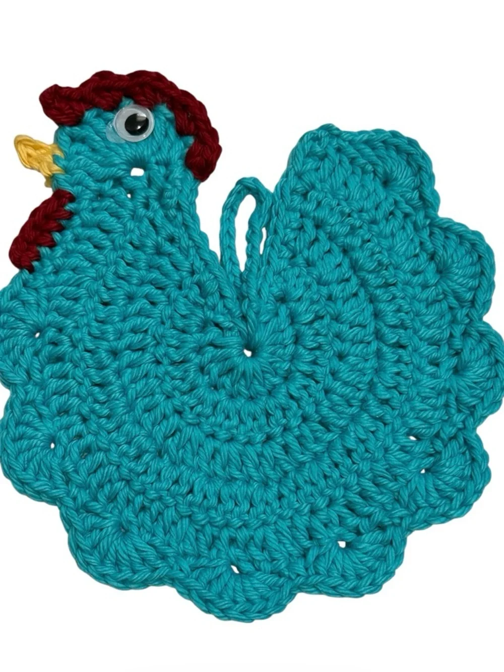 Handmade Teal Crochet Chicken Bird pot holder